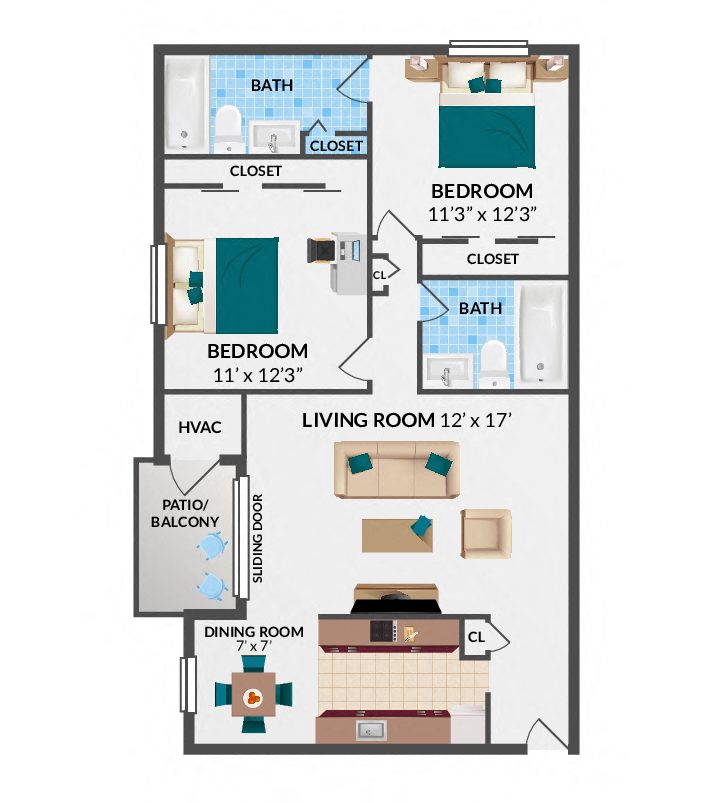 2 Bedroom River View Floorplan Layout